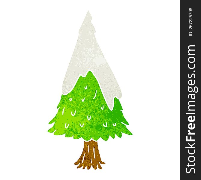 hand drawn retro cartoon doodle single snow covered tree