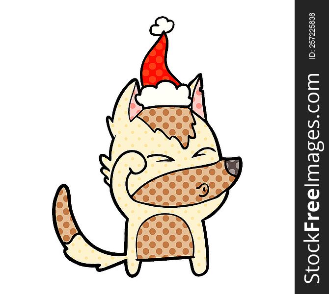 hand drawn comic book style illustration of a wolf pouting wearing santa hat
