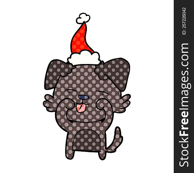 Comic Book Style Illustration Of A Dog Rubbing Eyes Wearing Santa Hat