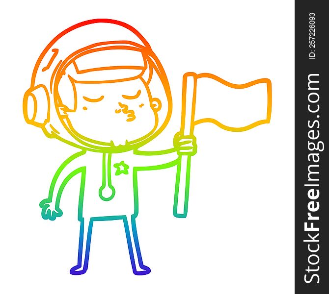 rainbow gradient line drawing of a cartoon confident astronaut waving flag