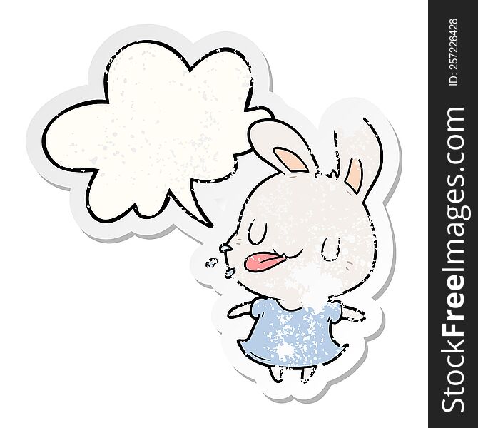 cute cartoon rabbit blowing raspberry with speech bubble distressed distressed old sticker. cute cartoon rabbit blowing raspberry with speech bubble distressed distressed old sticker