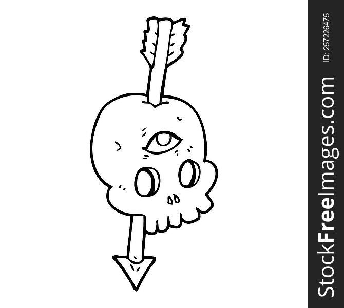 Black And White Cartoon Magic Skull With Arrow Through Brain
