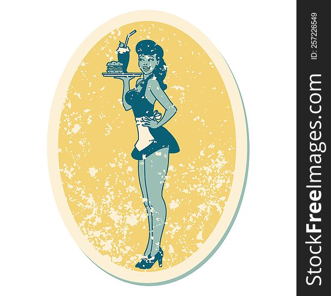 distressed sticker tattoo in traditional style of a pinup waitress girl. distressed sticker tattoo in traditional style of a pinup waitress girl