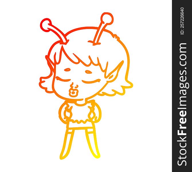 Warm Gradient Line Drawing Cute Alien Girl Cartoon