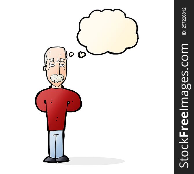 cartoon annoyed balding man with thought bubble