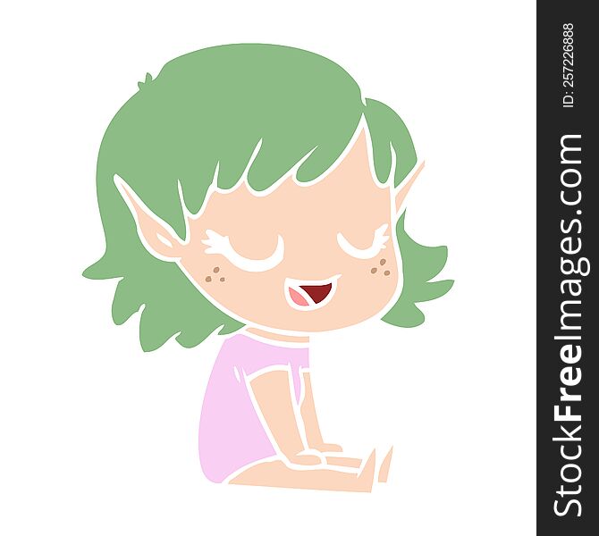happy flat color style cartoon elf girl sitting on floor