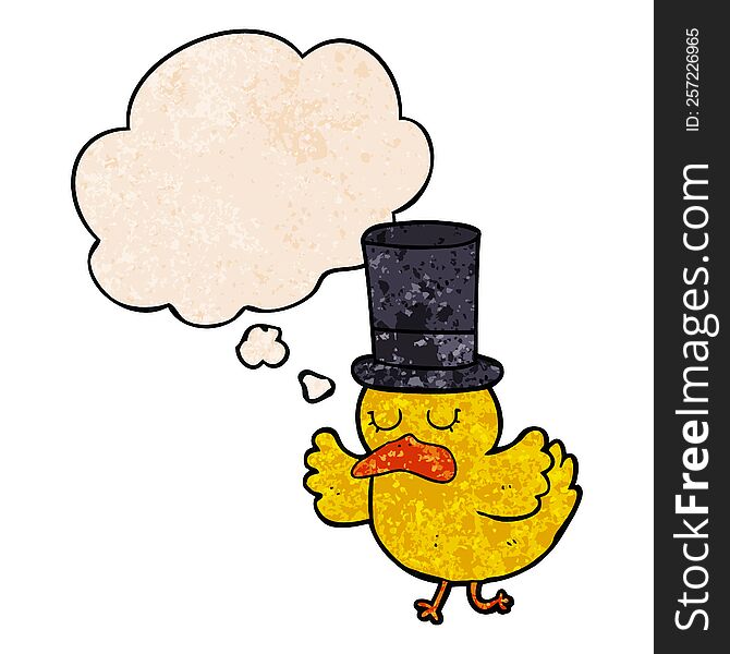cartoon duck wearing top hat with thought bubble in grunge texture style. cartoon duck wearing top hat with thought bubble in grunge texture style