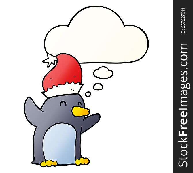cute cartoon christmas penguin with thought bubble in smooth gradient style