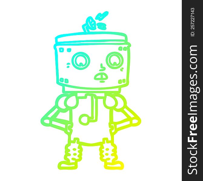cold gradient line drawing of a cartoon robot with hands on hips