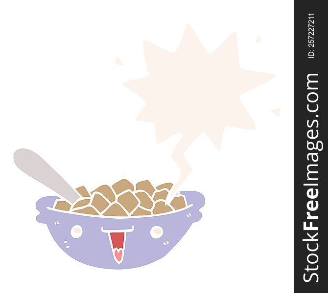 Cute Cartoon Bowl Of Cereal And Speech Bubble In Retro Style