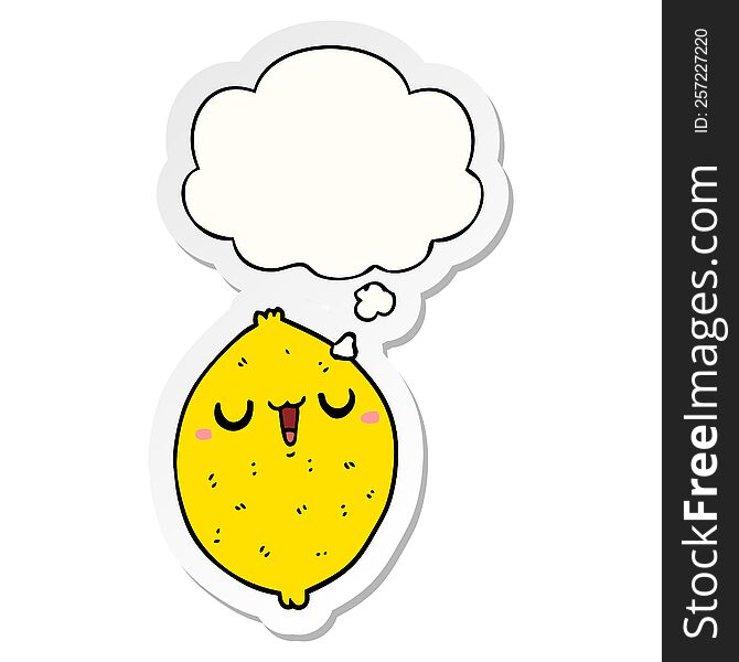 cartoon happy lemon with thought bubble as a printed sticker