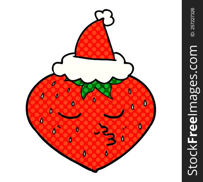 Comic Book Style Illustration Of A Strawberry Wearing Santa Hat