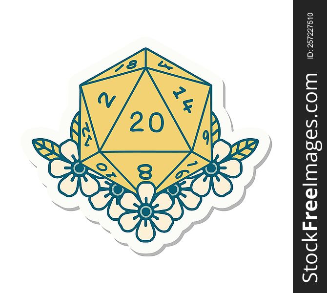 sticker of a natural 20 D20 dice roll with floral elements. sticker of a natural 20 D20 dice roll with floral elements