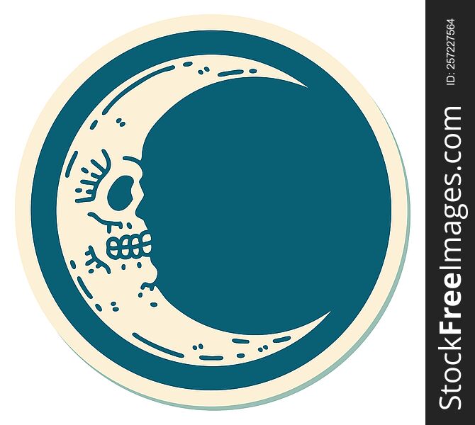 sticker of tattoo in traditional style of a skull moon. sticker of tattoo in traditional style of a skull moon