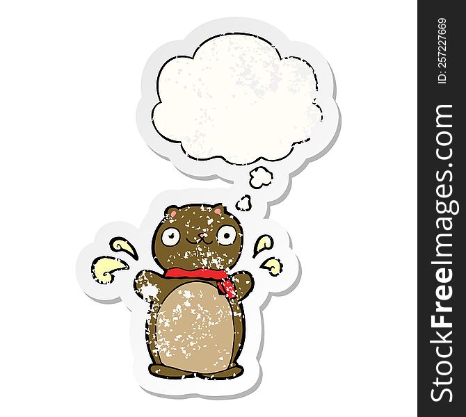 Cartoon Happy Teddy Bear And Thought Bubble As A Distressed Worn Sticker