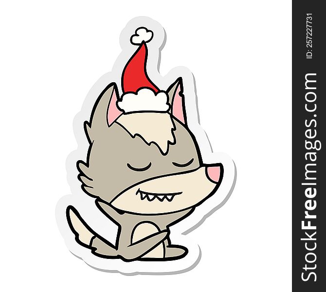 friendly hand drawn sticker cartoon of a wolf sitting wearing santa hat. friendly hand drawn sticker cartoon of a wolf sitting wearing santa hat