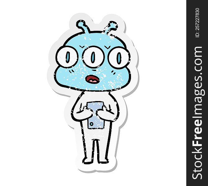 Distressed Sticker Of A Cartoon Three Eyed Alien