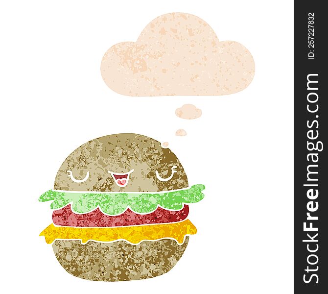 Cartoon Burger And Thought Bubble In Retro Textured Style