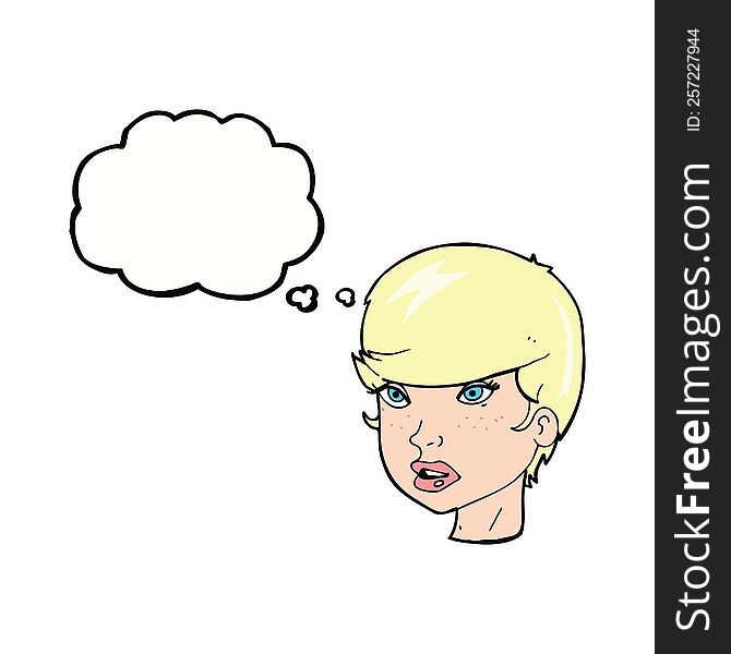 cartoon pretty female face with thought bubble