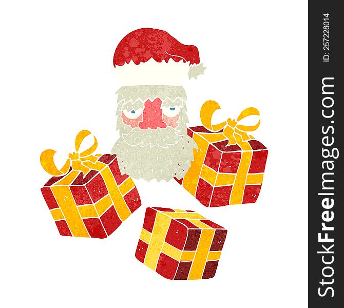 retro cartoon tired santa claus face with presents