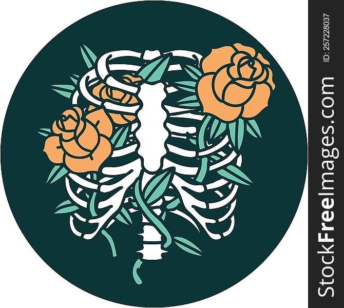 iconic tattoo style image of a rib cage and flowers. iconic tattoo style image of a rib cage and flowers
