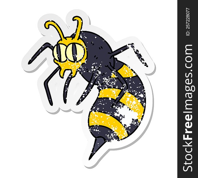 distressed sticker of a quirky hand drawn cartoon wasp