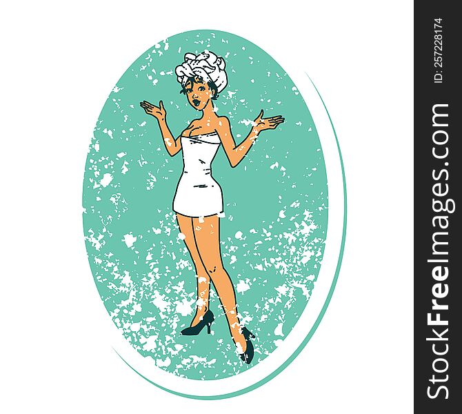 Distressed Sticker Tattoo Style Icon Of A Pinup Girl In Towels