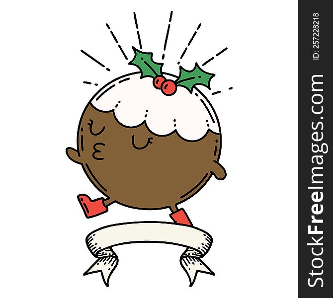scroll banner with tattoo style christmas pudding character walking