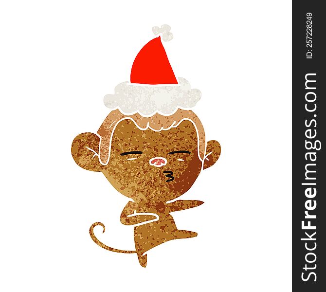 hand drawn retro cartoon of a suspicious monkey wearing santa hat