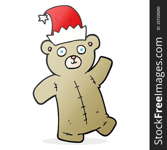 freehand drawn cartoon teddy bear wearing christmas hat