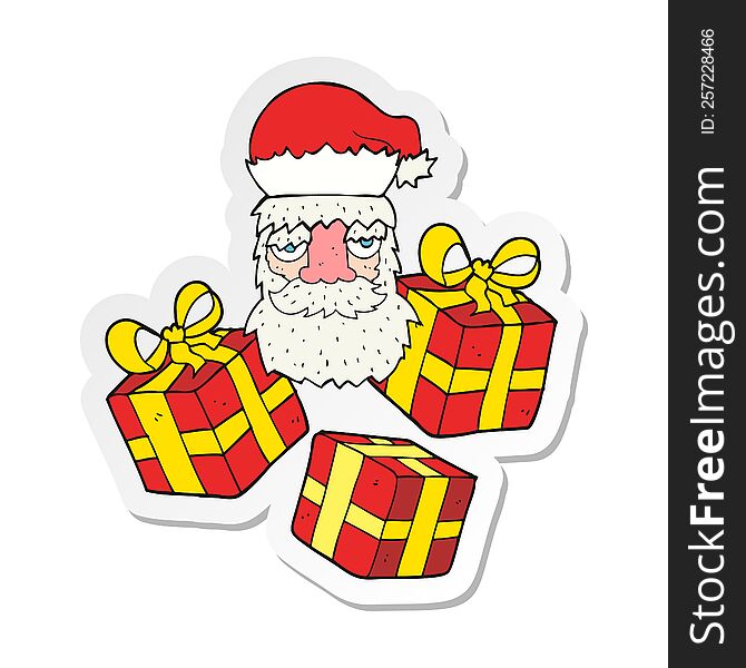 sticker of a cartoon tired santa claus face with presents