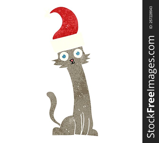 freehand retro cartoon cat in christmas hat