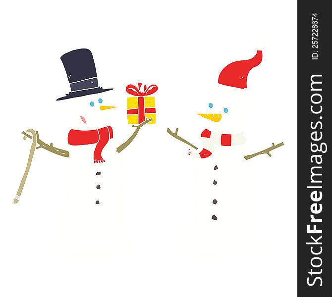 flat color illustration of a cartoon snowmen exchanging gifts