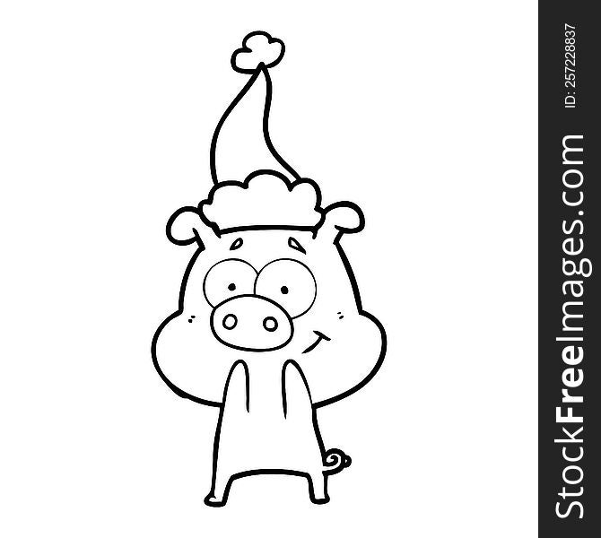 Happy Line Drawing Of A Pig Wearing Santa Hat