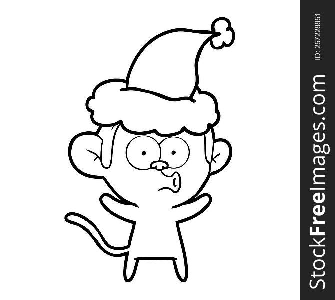 Line Drawing Of A Surprised Monkey Wearing Santa Hat