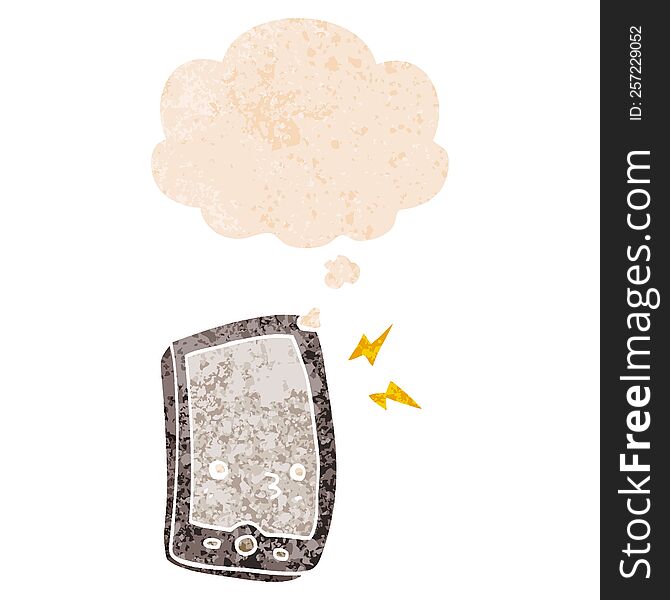 Cartoon Mobile Phone And Thought Bubble In Retro Textured Style