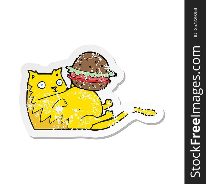 retro distressed sticker of a cartoon fat cat with burger