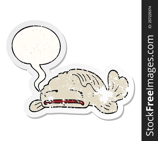 Cartoon Sad Old Fish And Speech Bubble Distressed Sticker