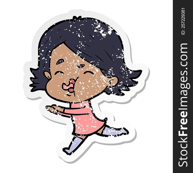 distressed sticker of a cartoon girl pulling face