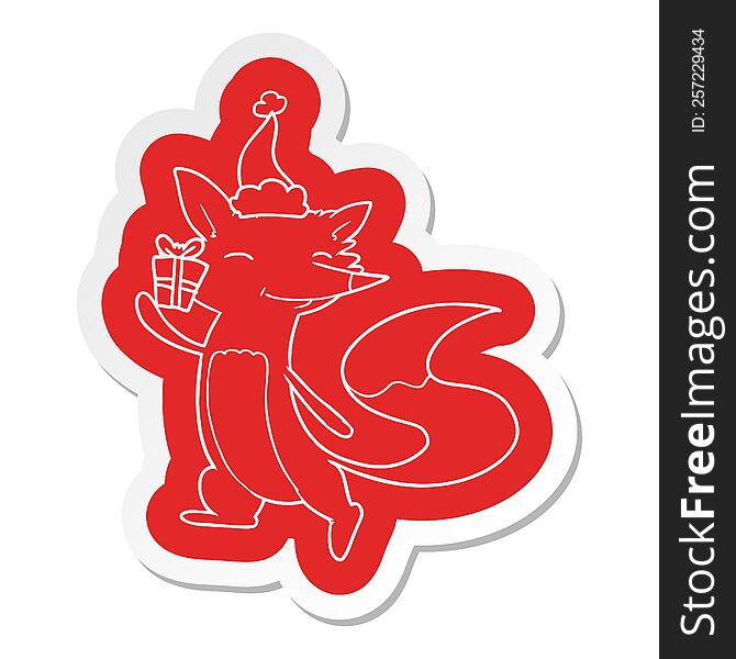 Cartoon  Sticker Of A Happy Fox Wearing Santa Hat