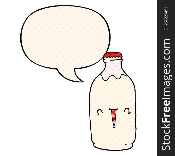 cute cartoon milk bottle with speech bubble in comic book style