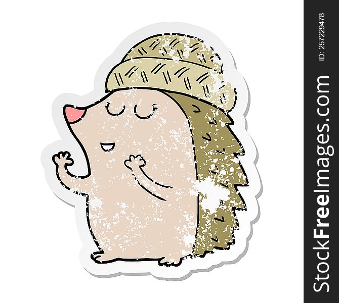 Distressed Sticker Of A Cartoon Hedgehog Wearing Hat