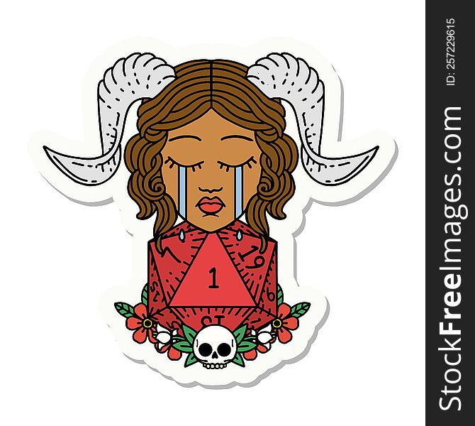 sticker of a sad tiefling with natural one d20 dice roll. sticker of a sad tiefling with natural one d20 dice roll