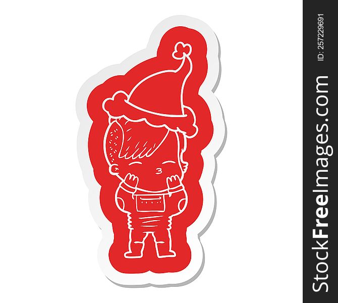 quirky cartoon  sticker of a girl wearing futuristic clothes wearing santa hat