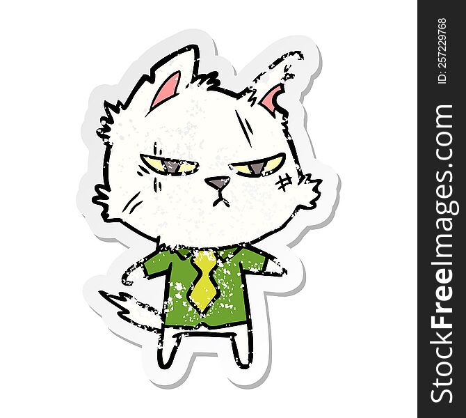 distressed sticker of a tough cartoon cat in shirt and tie