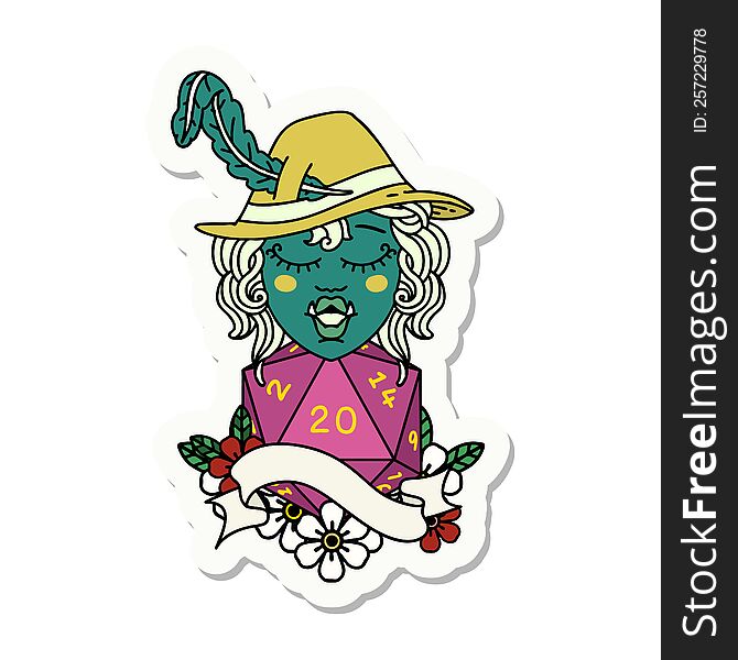 sticker of a singing half orc bard character with natural twenty dice roll. sticker of a singing half orc bard character with natural twenty dice roll