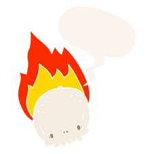 Spooky Cartoon Flaming Skull And Speech Bubble In Retro Style Stock Photo