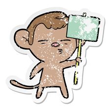 Distressed Sticker Of A Cartoon Suspicious Monkey With Signpost Stock Photo