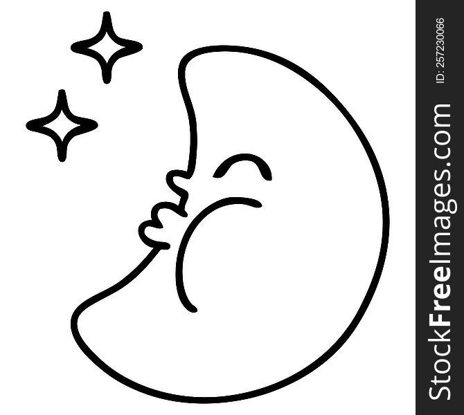 line doodle of a moon with stars. line doodle of a moon with stars