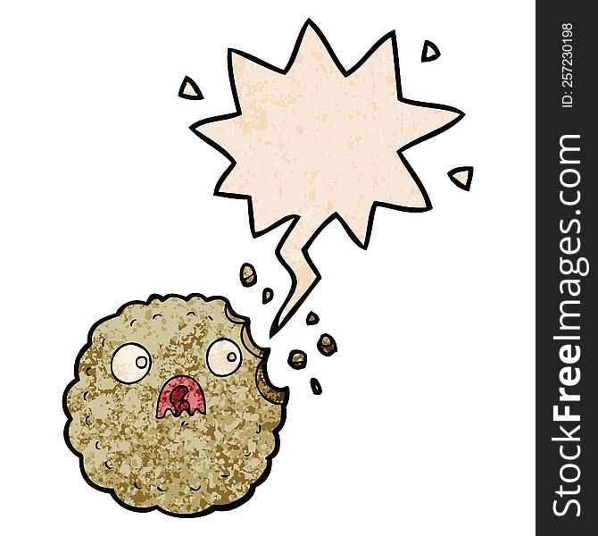 frightened cookie cartoon with speech bubble in retro texture style